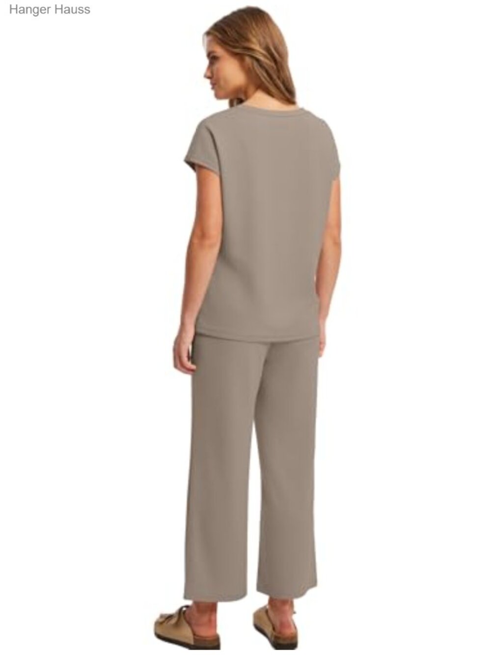 Two Piece Lounge Set V Neck Top Wide Leg Pants - Picture 4 of 5